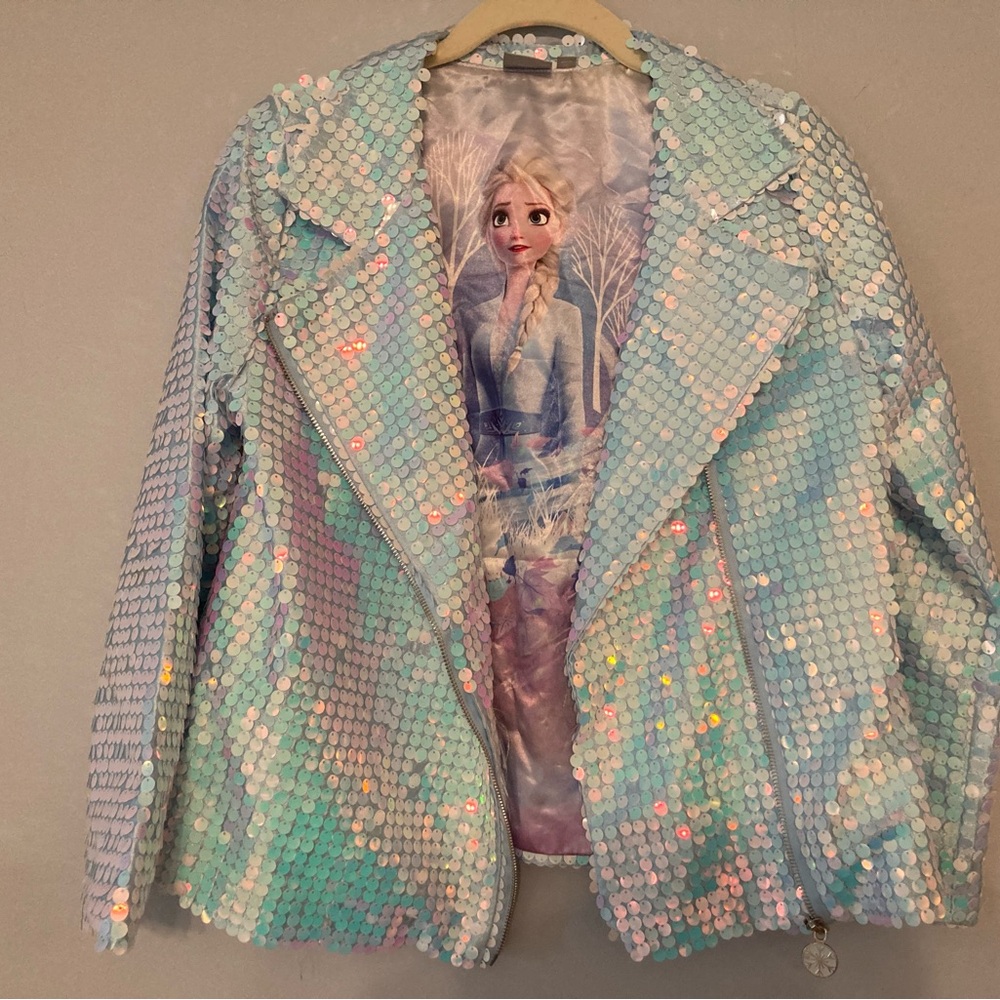 Disney Frozen II Sequin blue iridescent moto jacket sz 14/16 XL
